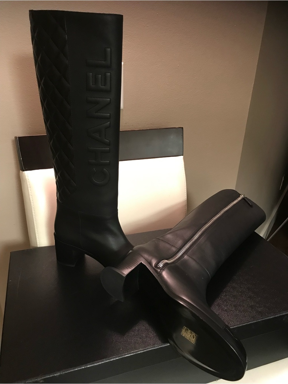 CHANEL Black Quilted Logo Over-the-Knee Boots with Gloss Cap Toe - Picture 4 of 6